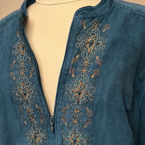 ERIKA Woman 2X Plus Sized Zip Up Lightweight Embroidered Teal Jacket - Picture 3 of 10